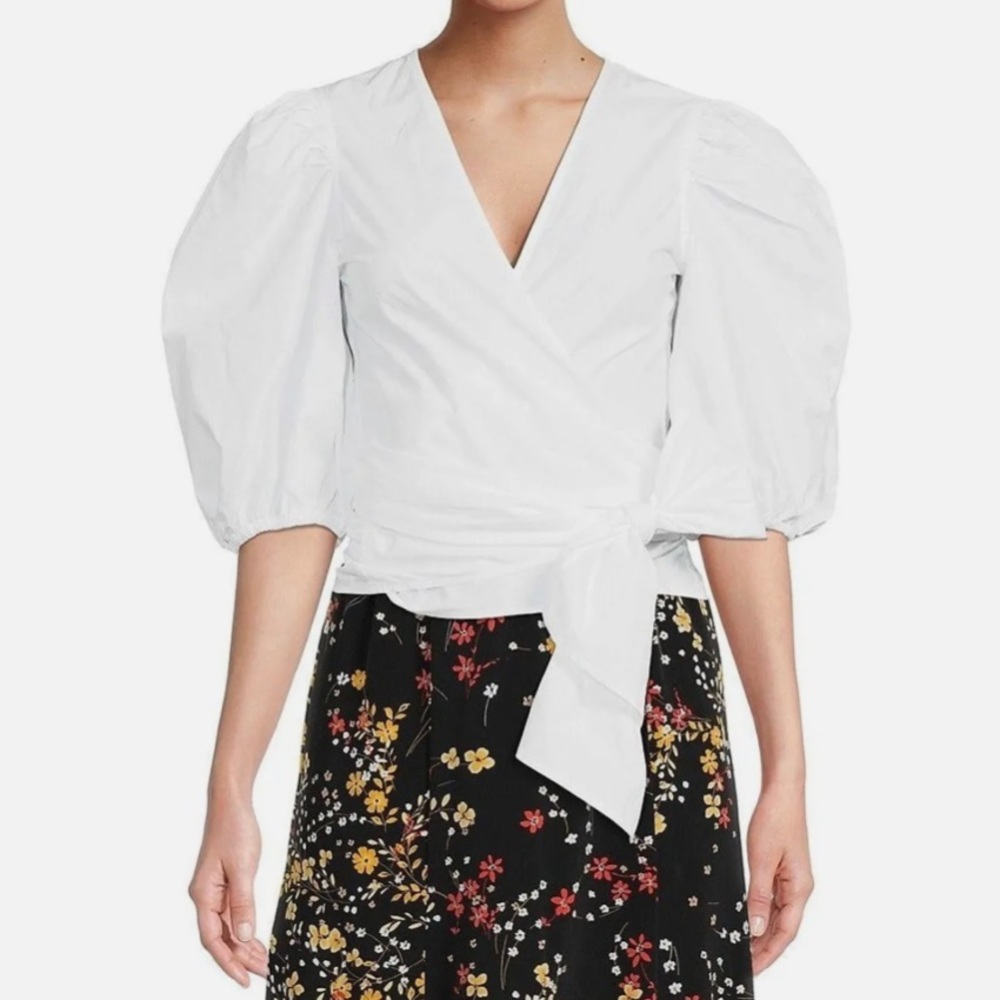 Ganni White Puff Sleeve Wrap Top